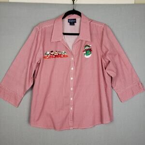 LasOlas Size L Snowmen Embroidered Button Up Red Plaid Holiday Winter Grannycore